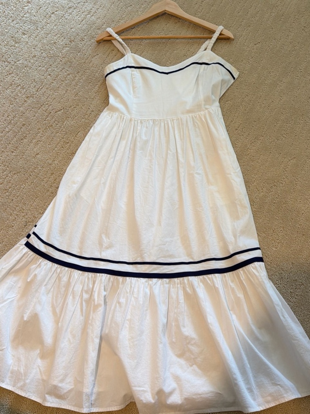 J. Crew Factory White Midi Sundress with Navy Trim